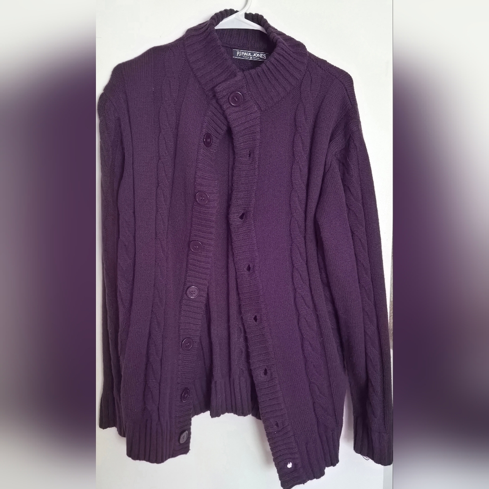 PJ PAUL JONES M Dark Purple Cable Knit Cardigan Long Sleeve Button DownSweater